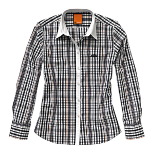 Descubre la elegancia deportiva con nuestra blusa niña KTM: cuadros, rayas naranjas, botones láser con logo y discreto bordado en 100% algodón.