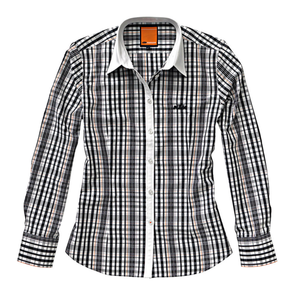 Descubre la elegancia deportiva con nuestra blusa niña KTM: cuadros, rayas naranjas, botones láser con logo y discreto bordado en 100% algodón.